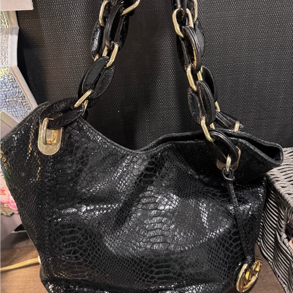 Michael Kors Shiny Black Sequinned Shoulder Bag with Gold Accents - Picture 8 of 10